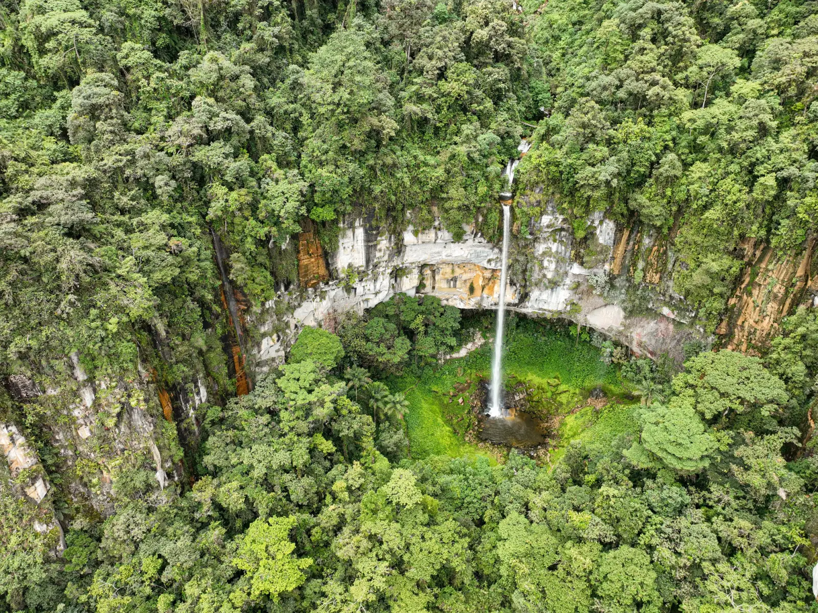 Cañón boscoso con una caída de la catarata Yumbilla y su poza, visto desde el aire
