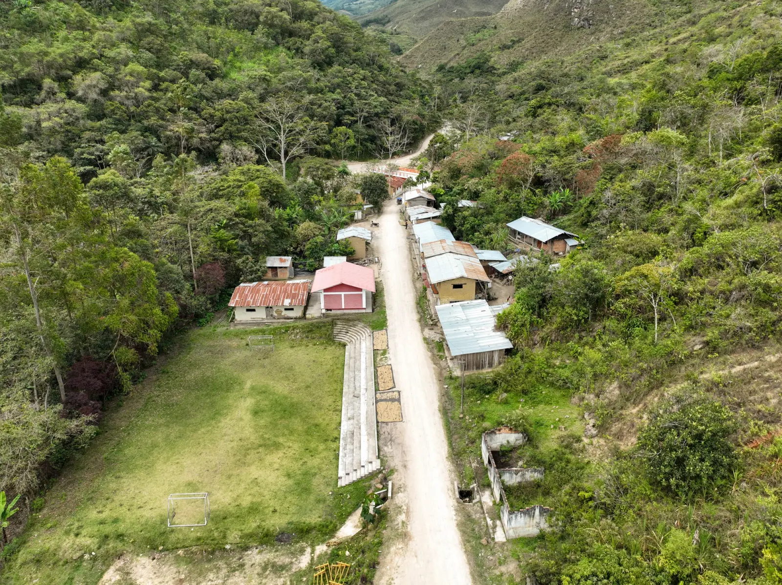 Vista aérea de un caserío con cancha de fútbol junto a una trocha entre cerros