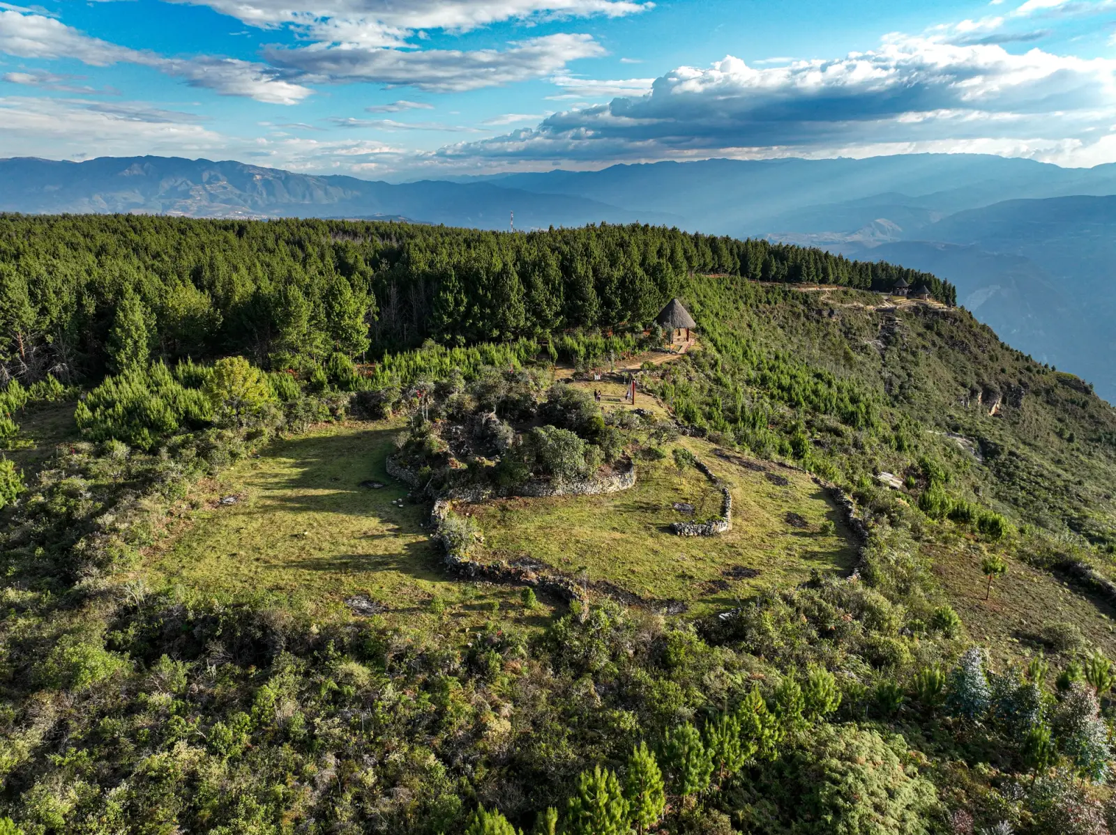 Vista aérea de muros circulares de piedra entre pinos en la cima de un cerro