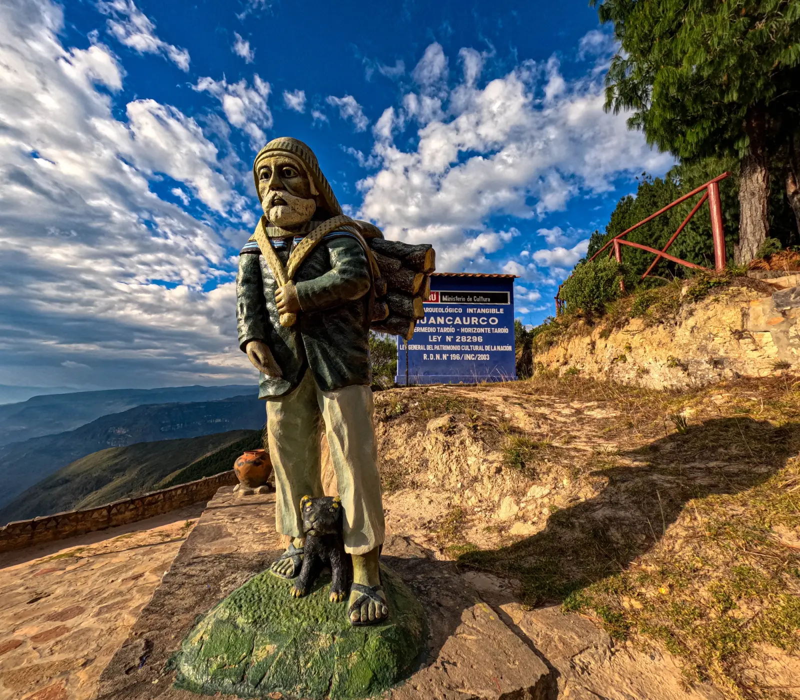 Estatua de un hombre cargando leña con su perro, junto al letrero de Huanca Urco