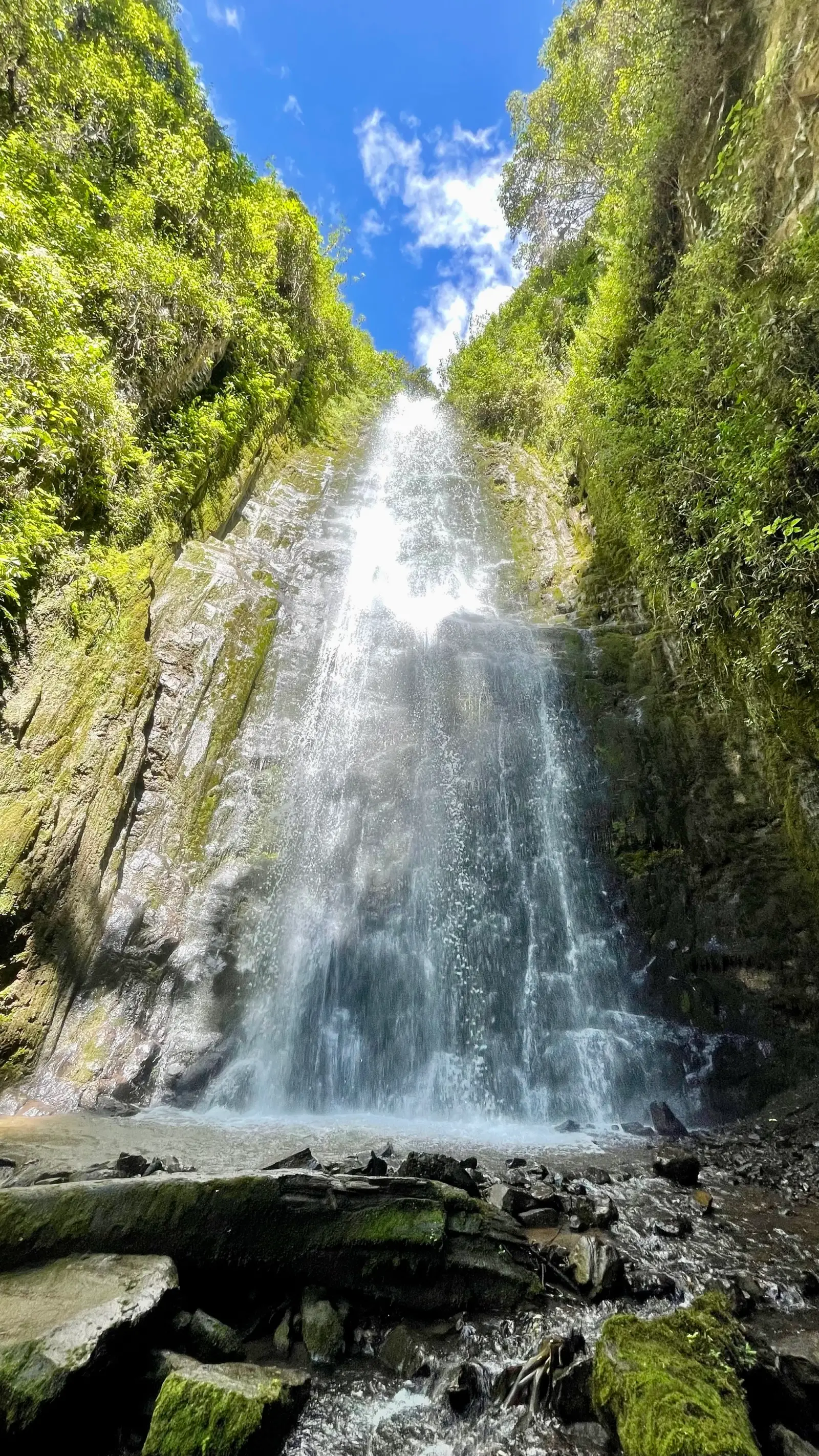 Caída de agua sobre roca musgosa bajo cielo azul, vista desde la poza