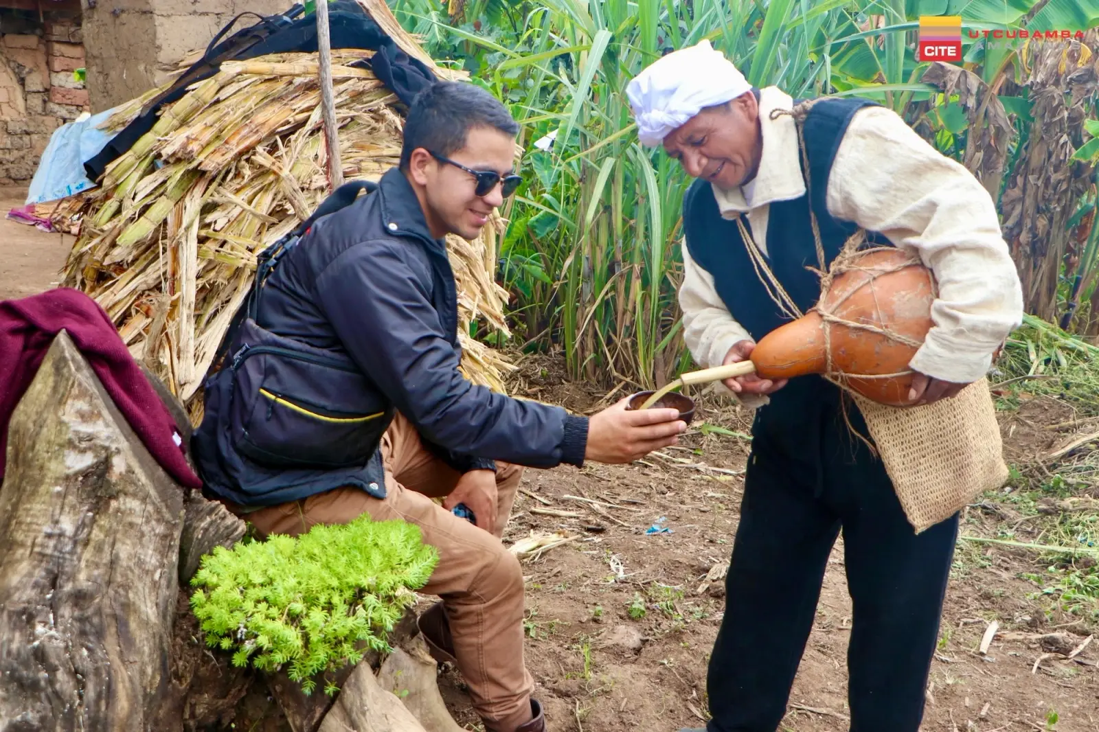 Señor sirve a un visitante una bebida desde un porongo, junto a cañas de azúcar