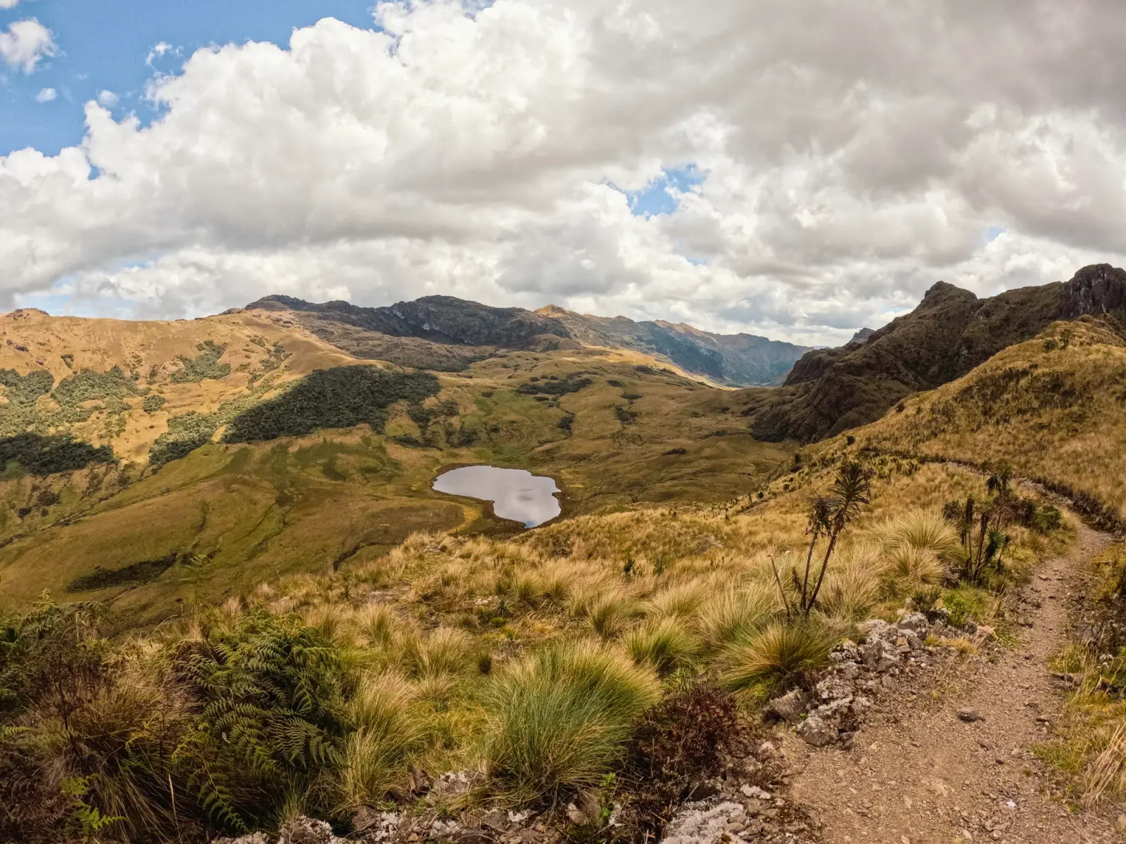 Sendero pedregoso en la puna con vista a una laguna entre cerros