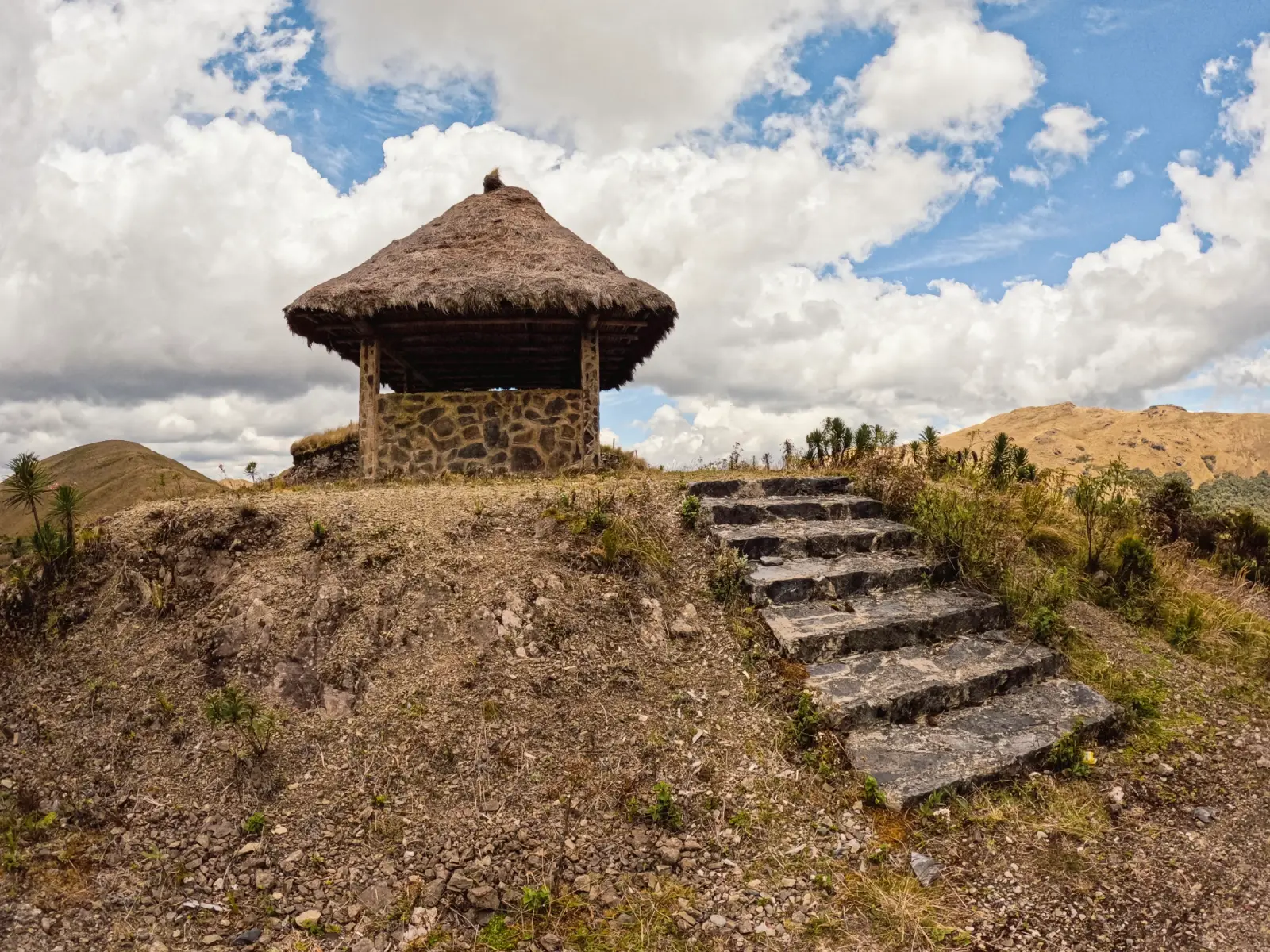 Caseta de piedra con techo de paja y escalinata en un cerro de la puna